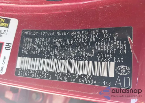 2016 Toyota Corolla S Plus z USA, uszkodzony, nr VIN 2T1BURHE1GC581753